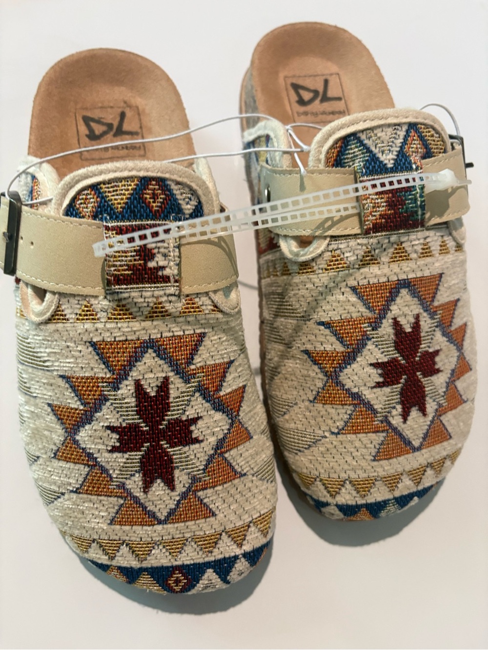 Dirty Laundry Beige Slip-On Clogs with Multicolor Aztec Embroidery